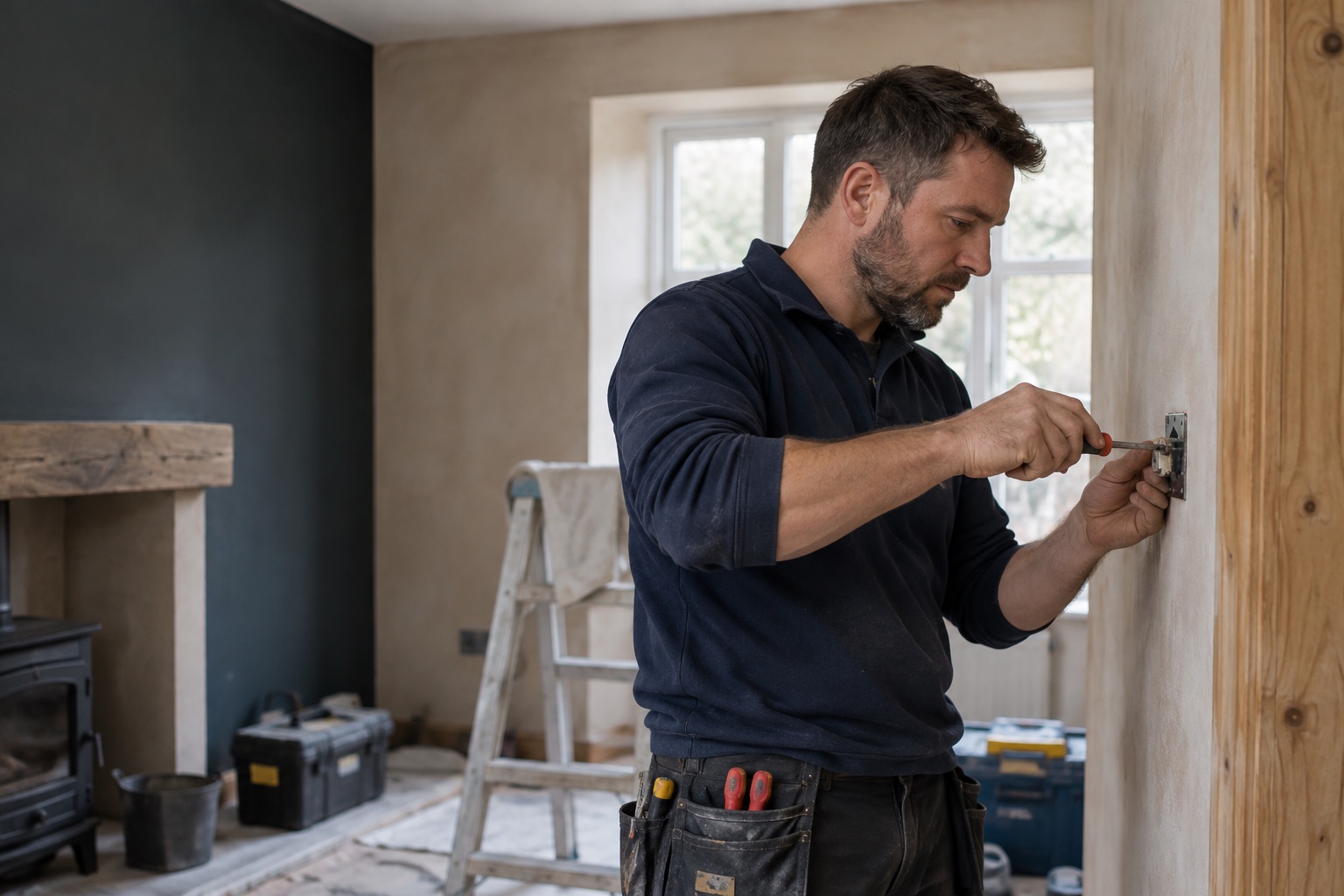 A tradesperson concentrating on a fitting during a home renovation.